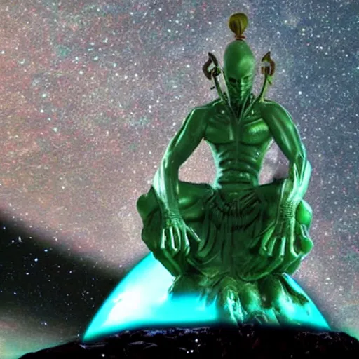 Image similar to alien god statue in orbit around neptune