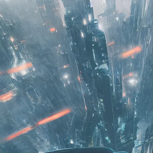 Image similar to A hyperdetailed photograph of Iron Man flying through the skies of a cyberpunk, futuristic city, night, dense fog, rain, HD, 8K resolution