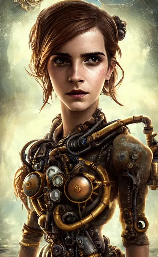 Image similar to underwater steampunk biopunk portrait of emma watson, au naturel, hyper detailed, digital art, trending in artstation, cinematic lighting, studio quality, smooth render, unreal engine 5 rendered, octane rendered, art style by klimt and nixeu and ian sprigger and wlop and krenz cushart.