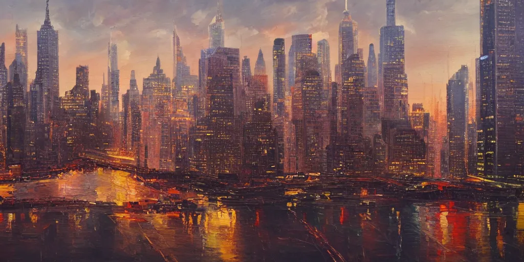 Prompt: NYC in the distant future, cinematic lighting, detailed oil painting, hyperrealistic, 8k