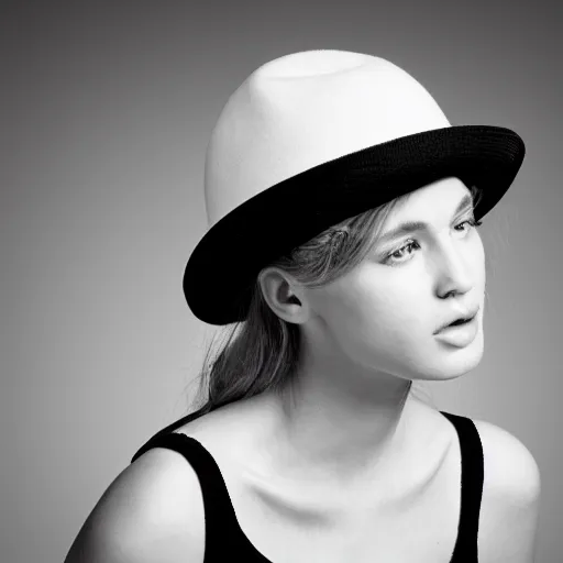 Prompt: black and white photo of fashion model in wide !white! hat, in the style of classicism, by Raphael, high contrast