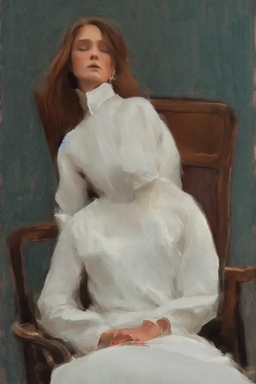 Prompt: girl with long hair, silk dress, high heels, sitting on designer chair, by jeremy lipking