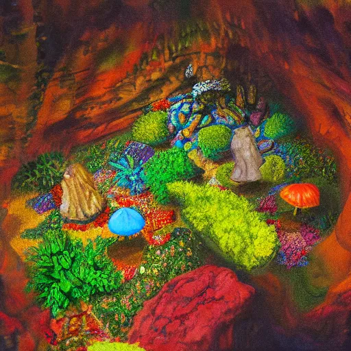 Prompt: painting of a colorful fungus garden in a cave, birds eye view, dark, foggy, cavern, shy beetles, river running through it