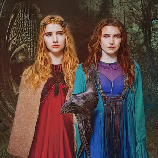 Prompt: young Emma Roberts and Thomasin McKenzie and young Mädchen Amick as a trio of goddesses of ravens looking searchingly into your eyes. minute detail. blended shadowing. tricolors. ultra colorful. perfect lighting. perfect pose. amazing creative portrait illustration. the best portrait of 3 beautiful goddesses in existence. large format image. image appears 3D.