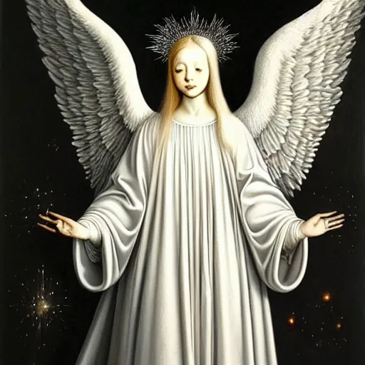 Image similar to highdetailed hyperrealistic painting of white angel!!! no gender smiling noface!!!, light instead of hands, white sparkles everywhere, 4 k hd face!!!, big silver high detailed wings!!!, renaissance, by jan van eyck, holography space, glow effect, large strokes, monochrome!!!!!