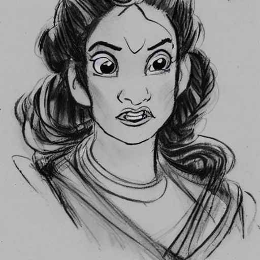 Image similar to milt kahl sketch of vanessa hudgeons with done up hair, tendrils covering face and ponytail as princess padme from star wars episode 3