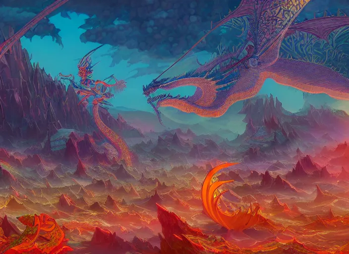 Prompt: psychedelic concept art painting of a dragon landscape made of thousands of dragons, detailed, cel shaded, in the style of makoto shinkai and moebius and peter mohrbacher and anton fadeev