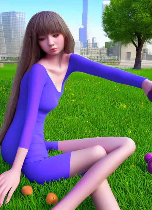 Prompt: ai 3 d girl in metaverse ; sitting in the park and holding a frog ; apricot and purple colors ; unreal engine ; wide angle ; 3 d ; highly detailed