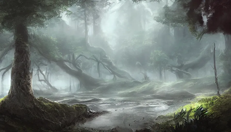 Image similar to sword stuck in a pond island, rainy enchanted forest of the ancients, moody high exposure, digital painting, concept art, photoshop speedpaint, by lihangw