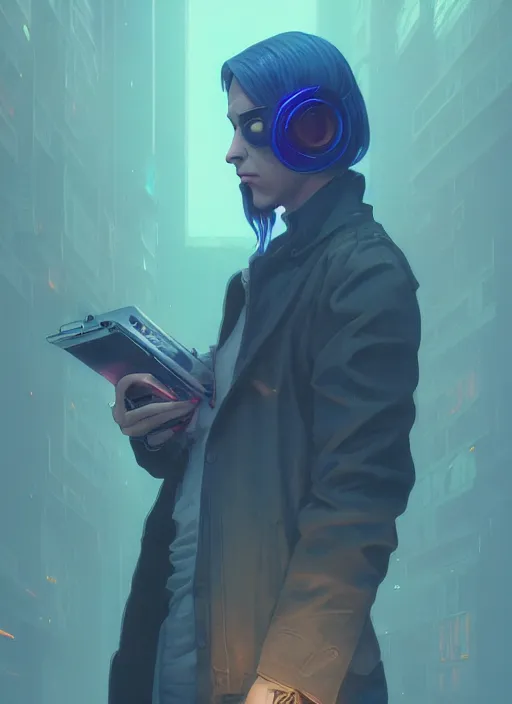 Image similar to highly detailed surreal vfx portrait of a cyberpunk gloomy hacker, stephen bliss, unreal engine, greg rutkowski, loish, rhads, beeple, makoto shinkai and lois van baarle, ilya kuvshinov, rossdraws, tom bagshaw, alphonse mucha, global illumination, detailed and intricate environment