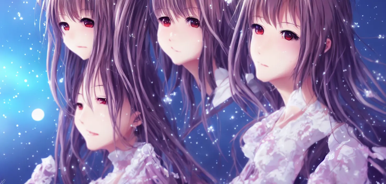 Image similar to portrait two beautiful anime girls wear anime dress closeup | | sunny night, full moon, dreamlike art, realistic shaded, smile, good looking, hyper details, 4 k realistic, cryengine, realistic shaded lighting poster by artgerm, ross tran, fuji choko, 8 k resolution, trending on artstation, luxury