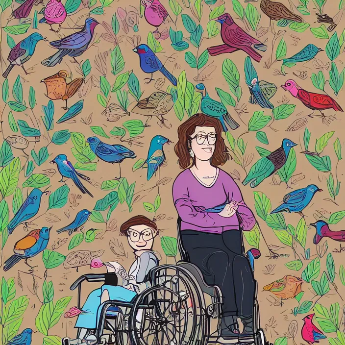 Prompt: a nerdy woman in a wheelchair, surrounded by birds, a full color illustration by mike mignolia