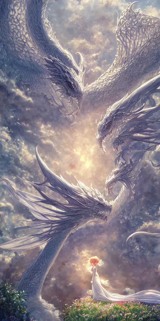 Image similar to the beautiful hyper detailed scene render that a beautiful girl lies in the arms of a huge silver white dragon alone in the fairyland surrounded by white clouds, finely detailed angelic face delicate features, style of studio ghibli, makoto shinkai, raphael lacoste, louis comfort tiffany, artgerm, james jean, ross tran, animation style, hd, ultra wide angle