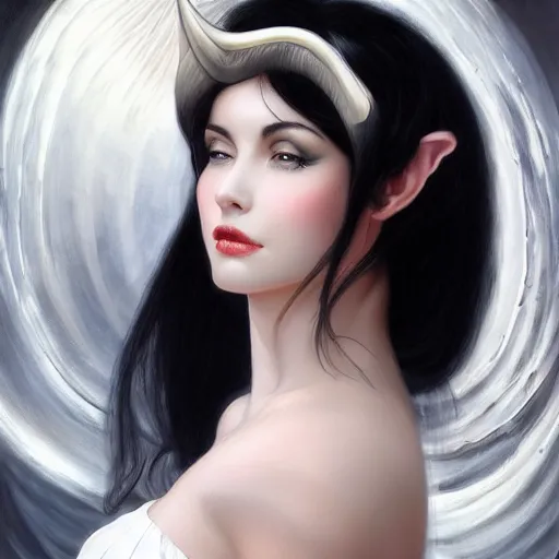 Prompt: An Attractive woman with Black hair wearing a white dress with curved demon horns lustfully looking into the camera, detailed, centered, digital painting, artstation, concept art, donato giancola, Joseph Christian Leyendecker, WLOP, Boris Vallejo, Breathtaking, 8k resolution, extremely detailed, beautiful, establishing shot, artistic, hyperrealistic, beautiful face, octane render, cinematic lighting, dramatic lighting, masterpiece