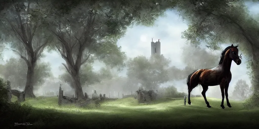 Image similar to plano general de un caballero montado a caballo, colina de fondo con castillo medieval. digital art, art station, realista,