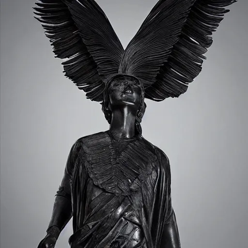 Prompt: a man dressed in black with large black wings, a statue by kubisi art, trending on cgsociety, kintsugi, angelic photograph, national geographic photo, made of feathers