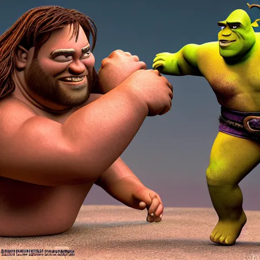 Prompt: muscular jesus fighting muscular shrek, highly detailed, high quality, hd, 4 k, 8 k, canon 3 0 0 mm, professional photographer, 4 0 mp, lifelike, top - rated, award winning, realistic, sharp, no blur, edited, corrected, trending