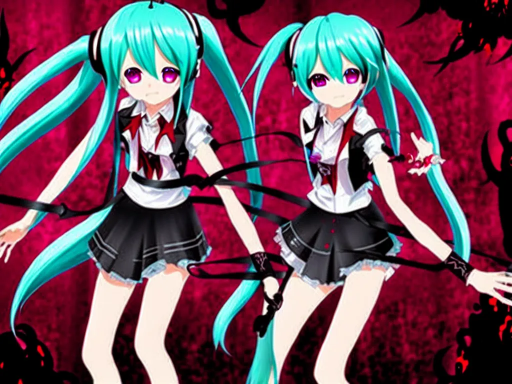 Image similar to hatsune miku in a dark red dungeon surrounded by monsters, chains and devilish creatures sardonic dark atmosphere detailed scary horror