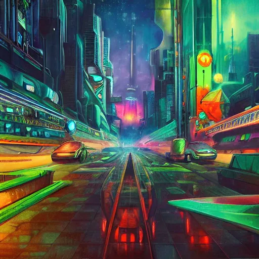 Prompt: futuristic sci-fi city at night with bright neon lights contrasting heavily with dark ominous buildings in three point perpective, in the style of esao andrews, oil painting, pop surrealism, cartoon-tainted abstract surrealism, vibrant, contrast, 4k, volumetric, HDR, crisp, detailed, beautiful, dynamic, colorful