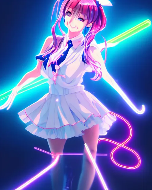 Prompt: anime style, vivid, expressive, full body, 4 k, painting, a cute magical girl idol with a long wavy hair wearing a dress, correct proportions, stunning, realistic light and shadow effects, neon lights, studio ghibly makoto shinkai yuji yamaguchi