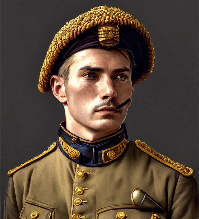 Image similar to portrait of a man wearing a traditional nineteenth century french foreign legion uniform, kepi hat, metal shoulder pauldrons, intricate, highly detailed, digital painting, artstation, concept art, sharp focus, cinematic lighting, illustration, art by artgerm and greg rutkowski, alphonse mucha, cgsociety