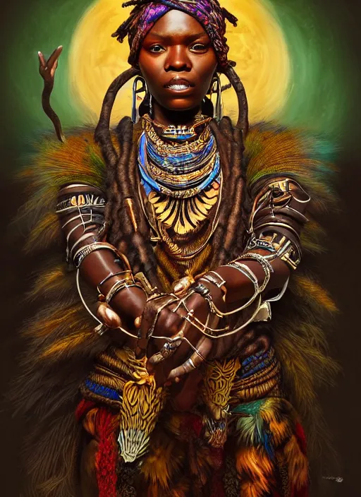 Prompt: : african shamen fantasy, fantasy magic, , intricate, sharp focus, illustration, highly detailed, digital painting, concept art, matte, jahbu art and Paul lewin and kehinde wiley, masterpiece