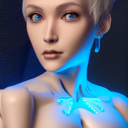 Prompt: womanized humanoid robot made of steel, beautiful face, short blue hair!!!, big breasts, glowing metal wings, anatomically correct, futuristic, glowing details!, symmetrical, unreal engine 5, ray tracing, natural shaders, professional vfx, 8 k, uhd, ultrarealistic, clear, sharp, highly detailed