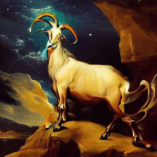 Prompt: the celestial wise goat, fantasy, h.p. Lovecraft, highly detailed, Francisco de Goya, HD, 8k,