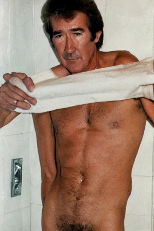 Image similar to randy mantooth wearing white underpants, standing in a dirty toilet