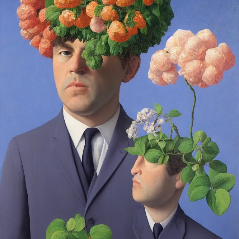 Image similar to portrait of a man, beautiful flowers are growing as his head, by rene magritte, detailed painting, hd, hq, high resolution, high detail, 4 k, 8 k