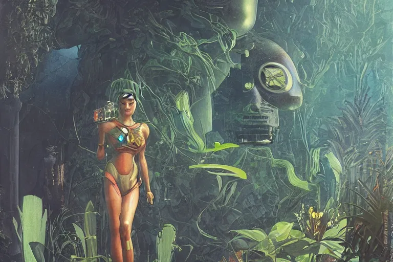 Image similar to gigantic robot - girl head floating in the space, a lot of exotic plants, trees, flowers, oldschool vintage sci - fi flat surreal grainy design, super - detailed, oil painting by moebius, hd, 4 k, high quality