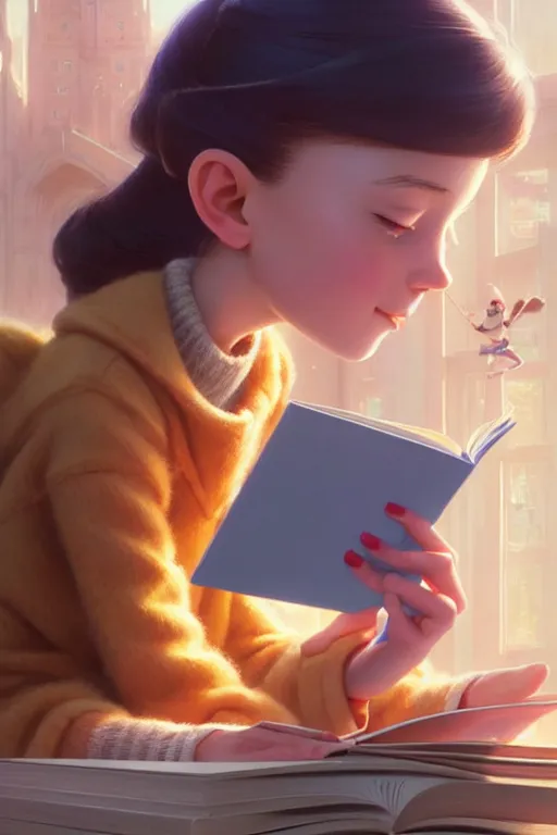 Image similar to highly detailed portrait of beautiful girl reading a book in toy story 3, dynamic pose, stephen bliss, unreal engine, fantasy art by greg rutkowski, loish, rhads, ferdinand knab, makoto shinkai and lois van baarle, ilya kuvshinov, rossdraws, tom bagshaw, global illumination, radiant light, detailed and intricate environment