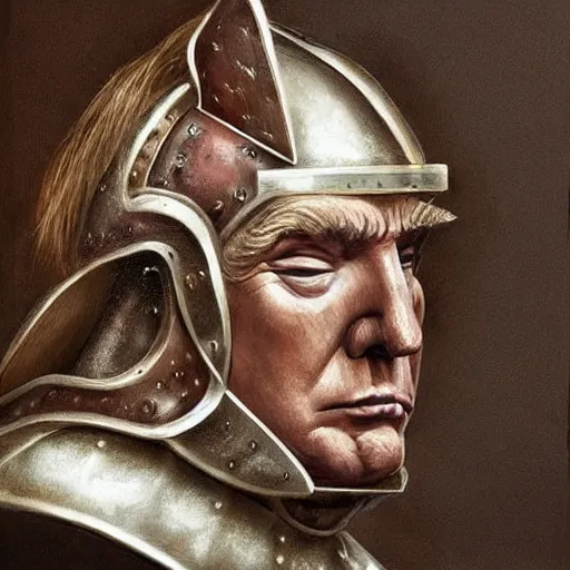 Prompt: donald trump, knights armor!!!!!!!!!!!!!!!!, one broadsword, by hans holdein, donald trumps highly detailed handsome face, two arms, two legs, donald trumps symmetrical face, realistic