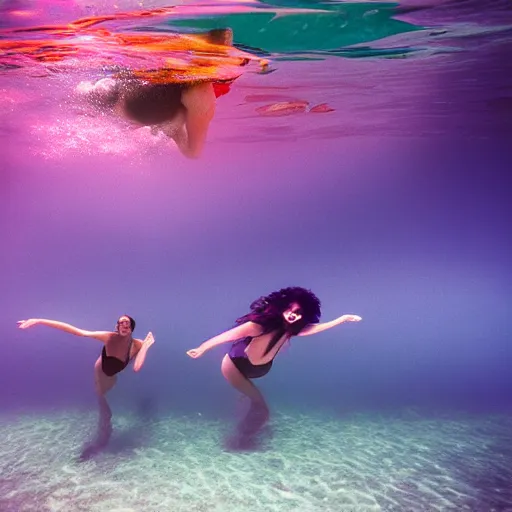 Image similar to dreamlike film photography of a three beautiful women in black one piece swimsuits picnicking at night underwater in front of colourful underwater clouds by Kim Keever. In the foreground floats a seasnake. low shutter speed, 35mm