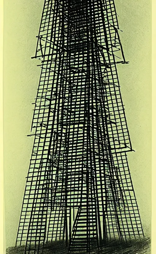 Prompt: a tower made of ladders, hugh ferriss