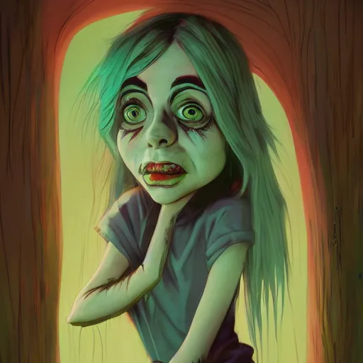 Image similar to billie eilish horror grunge loony toons style illustrated by Greg Rutkowski and dr seuss. Trending on artstation artstationHD artstationHQ 4k 8k