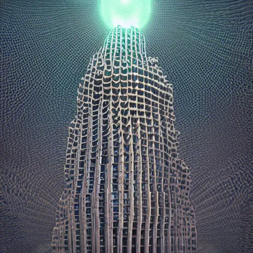 Prompt: photorealistic eldritch honeycomb skyscraper in the style of gustave dore and michael whelan. hyperdetailed photorealism, 1 0 8 megapixels, amazing depth, high resolution, 3 d shading, 3 d finalrender, 3 d cinematic lighting, glowing rich colors, psychedelic overtones, artstation concept art.