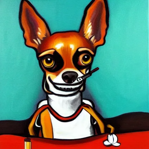 Image similar to a painting of a chihuahua smoking weed in an office