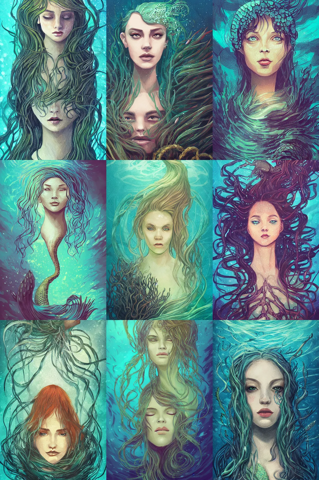 Image similar to head portrait illustration of a mermaid under the sea, surrounded by kelp, art by Anato Finnstark