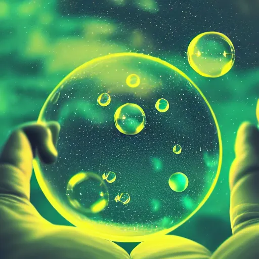 Prompt: a human hand holding a bunch of soap bubbles in a cosmic space full of stars and clouds, volumetric light, green and yellow colors, digital art, artstation