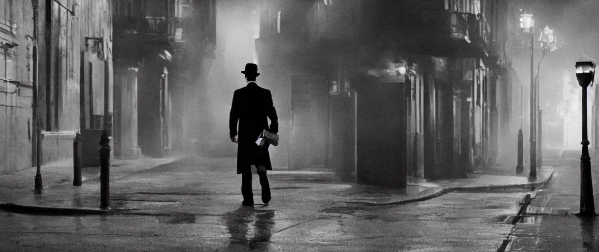 Image similar to a film noir detective walking along a street; extremely detailed; film still