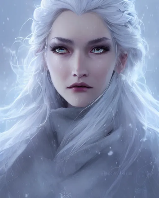 Image similar to a beautiful snow sorceress, flowy white grey hair, grey eyes, winter, frozen, snow, cinematic lighting, highly detailed, digital painting, trending on artstation, pixiv, concept art, sharp focus, illustration, art by ross tran and wlop, dark art