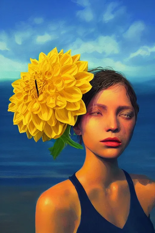 Prompt: closeup girl with huge yellow dahlia flower under face, on beach, surreal photography, blue sky, sunrise, dramatic light, impressionist painting, digital painting, artstation, simon stalenhag