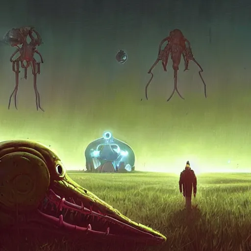 Image similar to giant creature lurking over a cowering smaller creature, in the foreground a small town, epic science fiction horror by Simon Stalenhag and Mark Brooks, extremely detailed