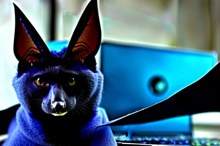 Image similar to a blue - and - black male catbat fursona with blue / green heterochromatic eyes and huge bat ears, photo of the catbat streaming on his computer