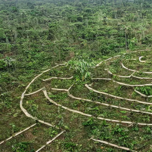 Prompt: an architectural plan view of a labyrinth of the deforestation in amazona crisis, cut trunks