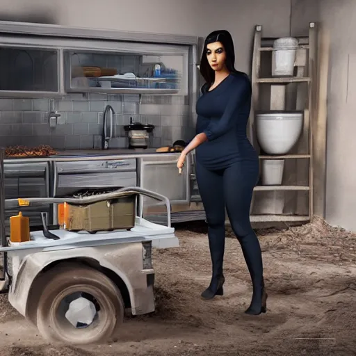 Prompt: kim kardashian repairing the dishwasher in the middle of dirt, photorealist, ultra hd, unreal engine