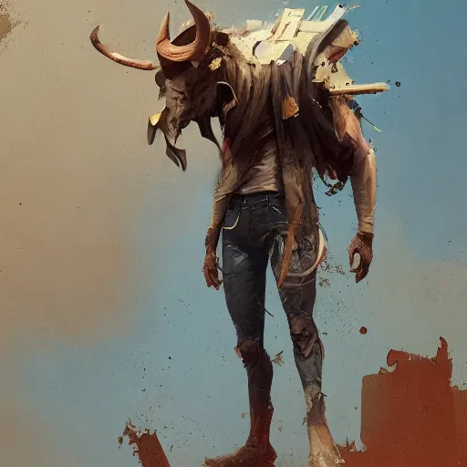 Prompt: Minotaur wearing Denim Jeans MTG Card Greg Rutkowski ismail inceoglu craig j. spearing bastien grivet james gilleard barnett newman