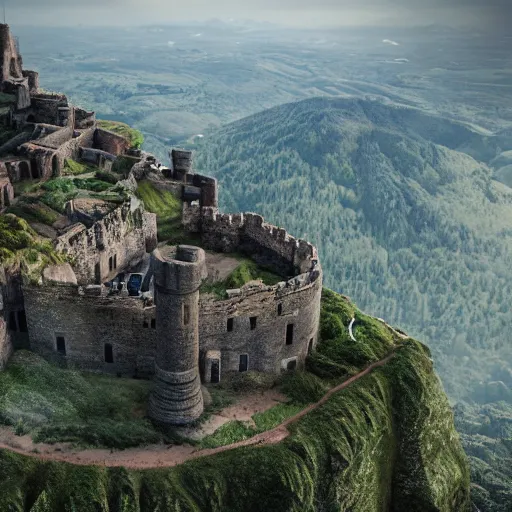 Prompt: Landscape of an ancient castle on top of a mountain, ultra-detail, unreal engine, forest, realistic, beautiful, super detailed, realistic, unreal engine render