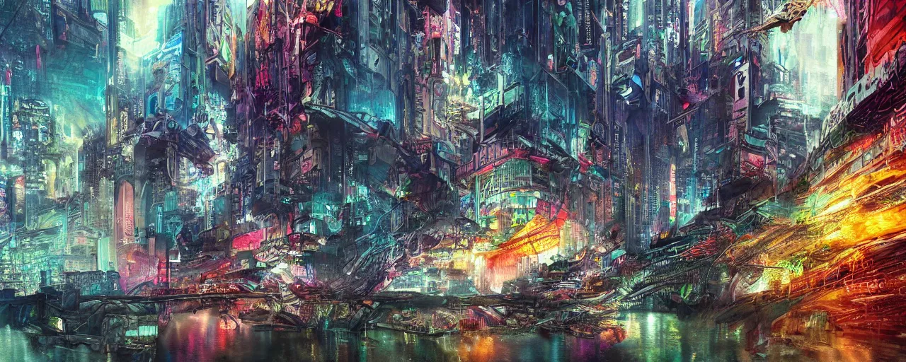 Image similar to dichroic ultra realistic illustration of beautiful ruination futuristic cyberpunk flooded kowloon, epic composition, accidental baroque golden ratio, by bill sienkiewicz. graffiti art, scifi, fantasy, hyper detailed. concept sketch. concept art. trending on artstation